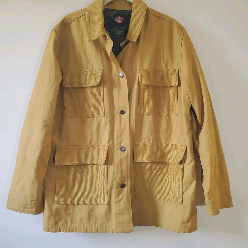 DICKIES Womens Reworked Chore Coat Cotton Denim Corduroy Pockets Gold Size L